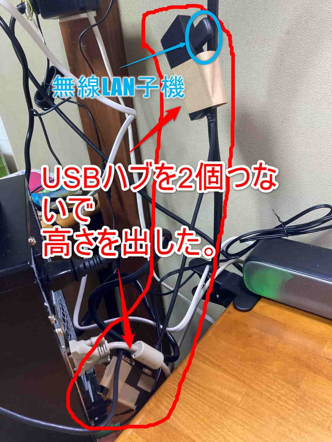 USBハブを2個つないで高さを出してその先に無線LAN子機をつないだ